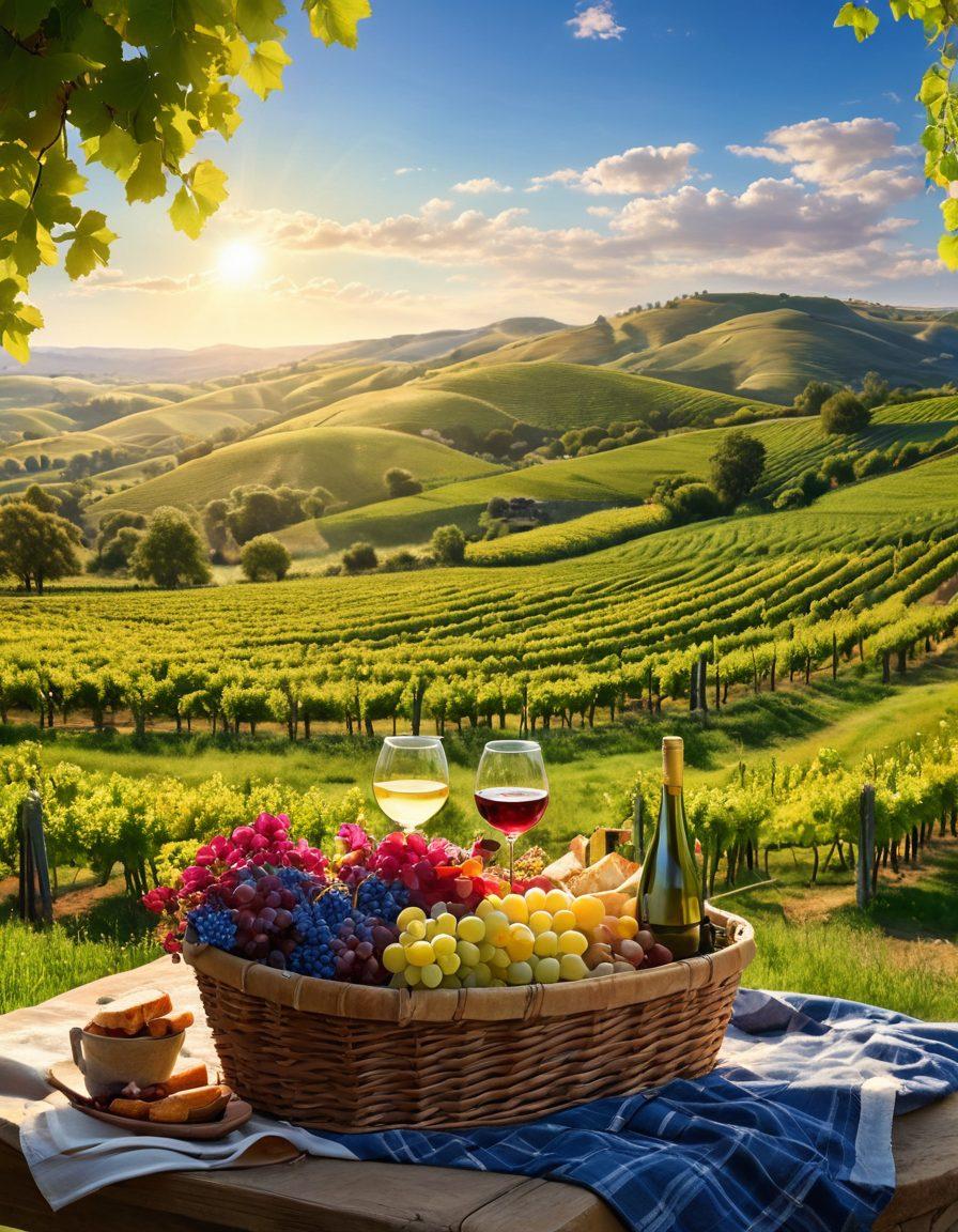 A picturesque vineyard landscape bathed in golden sunlight, with rolling hills and lush grapevines. Include cheerful wine lovers enjoying a picnic with glasses raised, surrounded by bursts of colorful wildflowers. Capture the essence of joy and celebration with a vibrant blue sky overhead. super-realistic. vibrant colors. uplifting atmosphere.