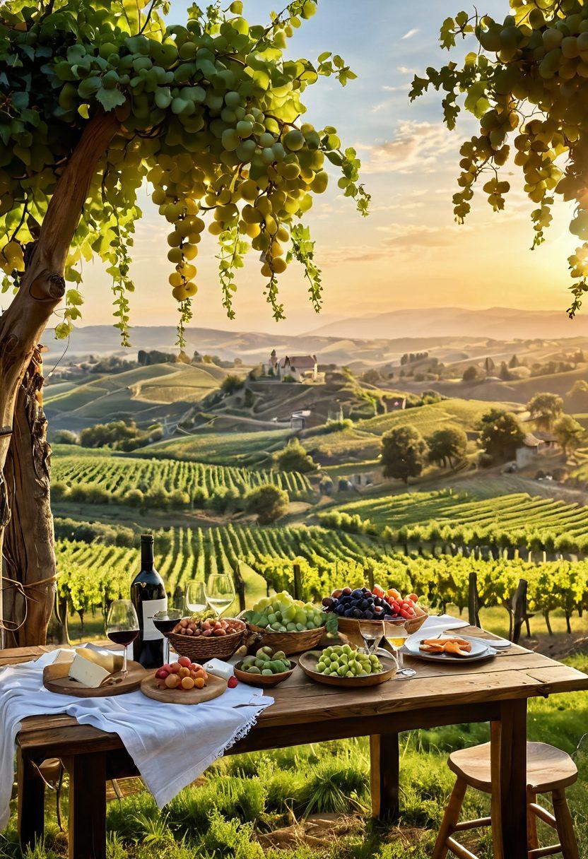 A picturesque vineyard stretching across rolling hills with lush green grapes hanging from the vines, bathed in golden sunlight. In the foreground, a rustic wooden table set with an array of fine wines and gourmet cheeses, complemented by aromatic herbs and fruits. A serene sunset casts a warm glow over the scene, captivating the essence of savoring landscapes and flavors. super-realistic. vibrant colors. scenic background.