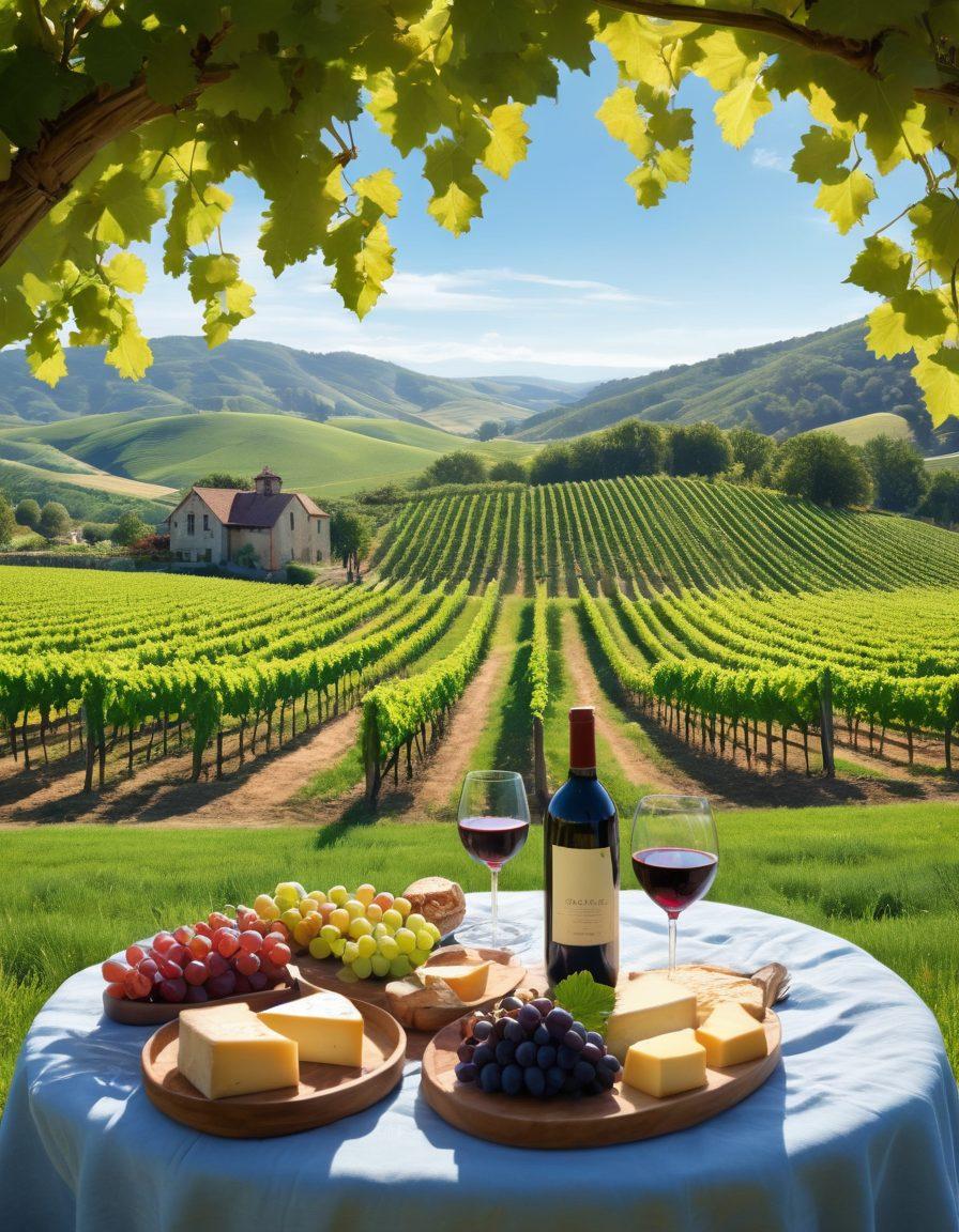 An inviting vineyard landscape showcasing rows of grapevines under a bright blue sky, with a cozy picnic setup featuring wine glasses, a cheese platter, and cheerful people toasting with wine in the foreground. The scene radiates warmth and community, with rolling hills of lush greenery in the background. Create a sense of relaxation and social connection. vibrant colors. super-realistic.
